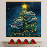 Christmas Baby Elephants Climbing Tree with Ornaments and Star in Cozy Sweaters Under a Starry Sky Holiday Art Print for Kids Room or Seasonal Decor on Ready to Hang 1.5" Thick Canvas Wrap, Floating Framed Canvas, Flat Rolled Canvas